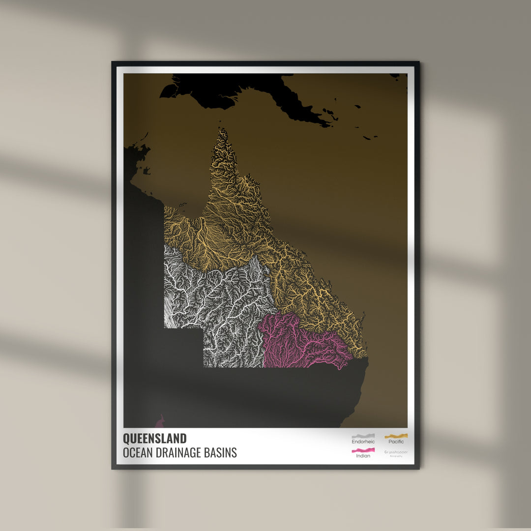 Queensland - Mapa de la cuenca hidrográfica del océano, negro con leyenda v2 - Impresión de bellas artes