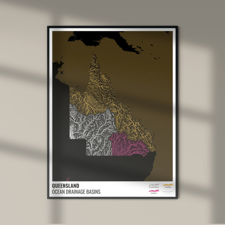 Queensland - Carte des bassins hydrographiques océaniques, noire avec légende v2 - Fine Art Print