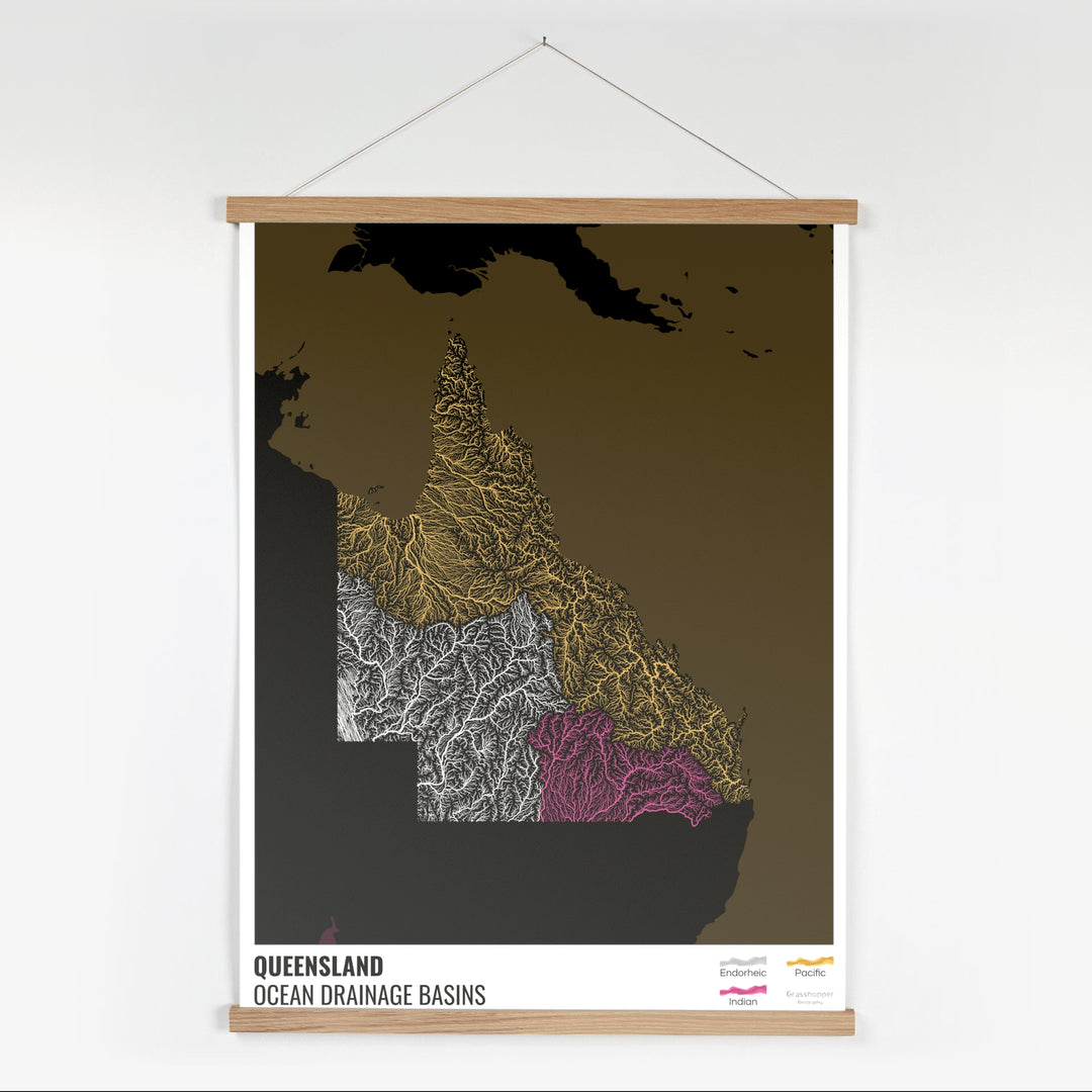 Queensland - Mapa de la cuenca hidrográfica del océano, negro con leyenda v2 - Impresión artística con colgador