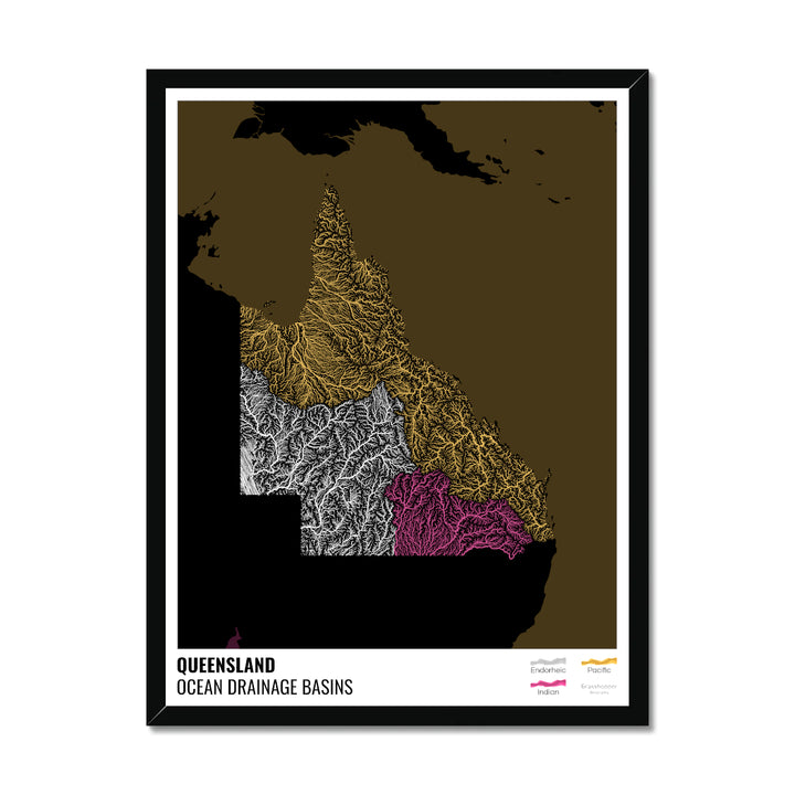 Queensland - Mapa de la cuenca hidrográfica del océano, negro con leyenda v2 - Lámina enmarcada
