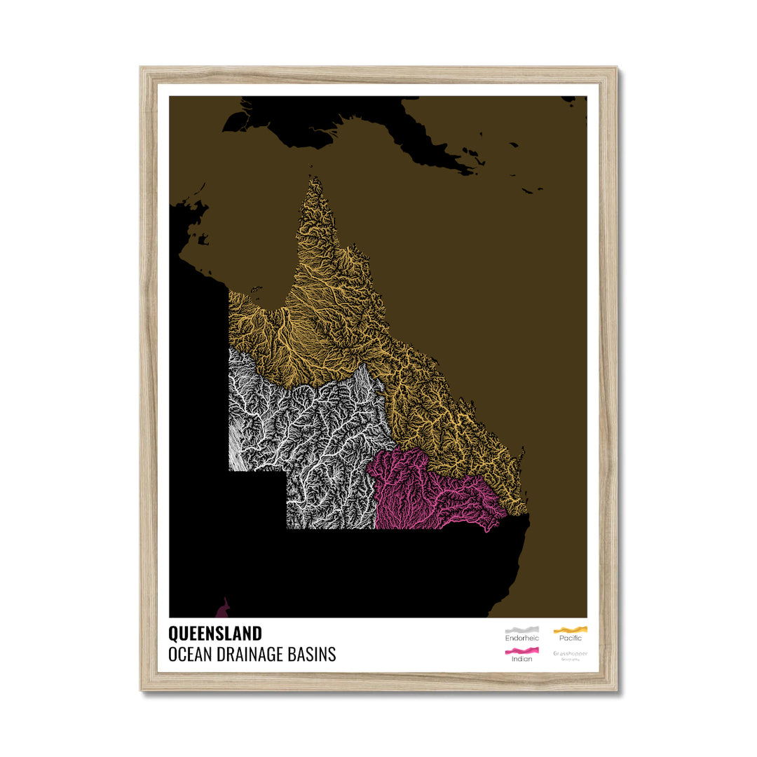 Queensland - Ocean drainage basin map, black with legend v2 - Framed Print