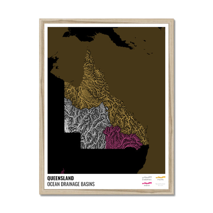 Queensland - Ocean drainage basin map, black with legend v2 - Framed Print