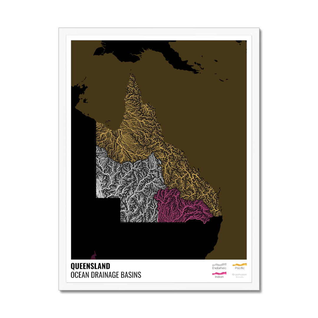 Queensland - Mapa de la cuenca hidrográfica del océano, negro con leyenda v2 - Lámina enmarcada