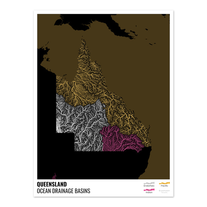 Queensland - Mapa de la cuenca hidrográfica del océano, negro con leyenda v2 - Impresión de bellas artes