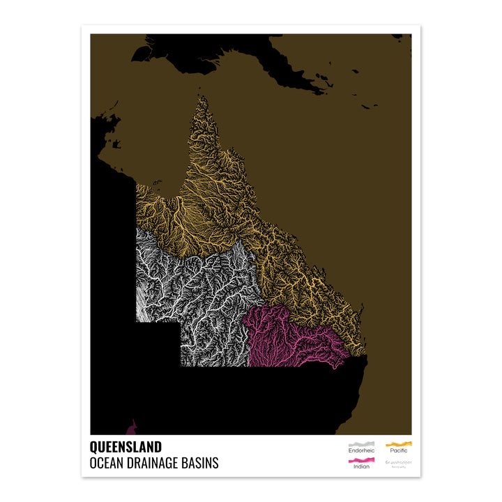 Queensland - Ocean drainage basin map, black with legend v2 - Fine Art Print