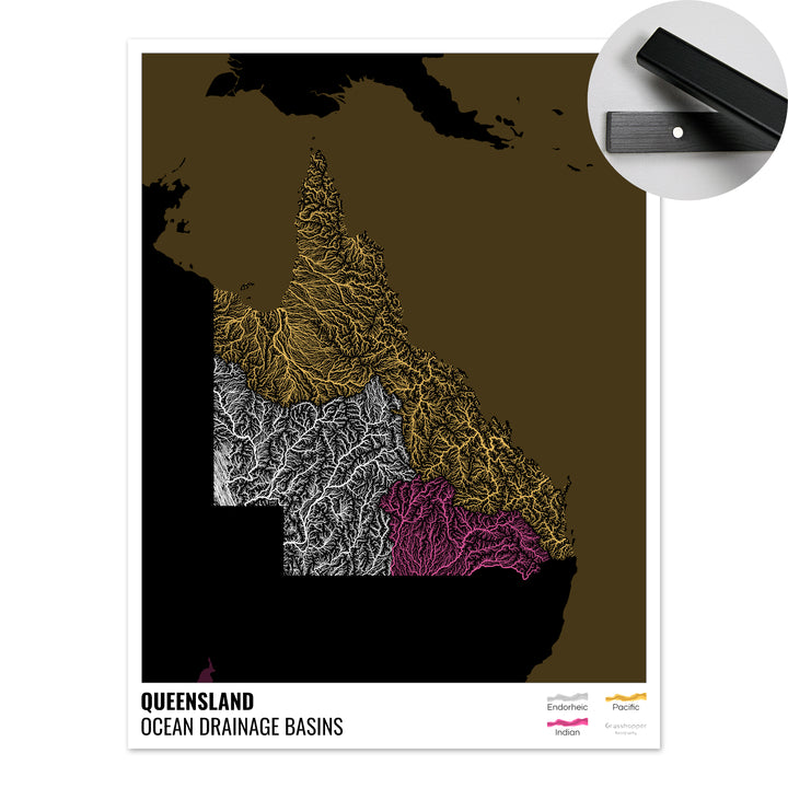 Queensland - Mapa de la cuenca hidrográfica del océano, negro con leyenda v2 - Impresión artística con colgador