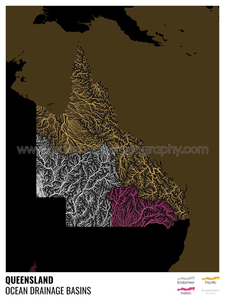 Queensland - Carte des bassins hydrographiques océaniques, noire avec légende v2 - Fine Art Print