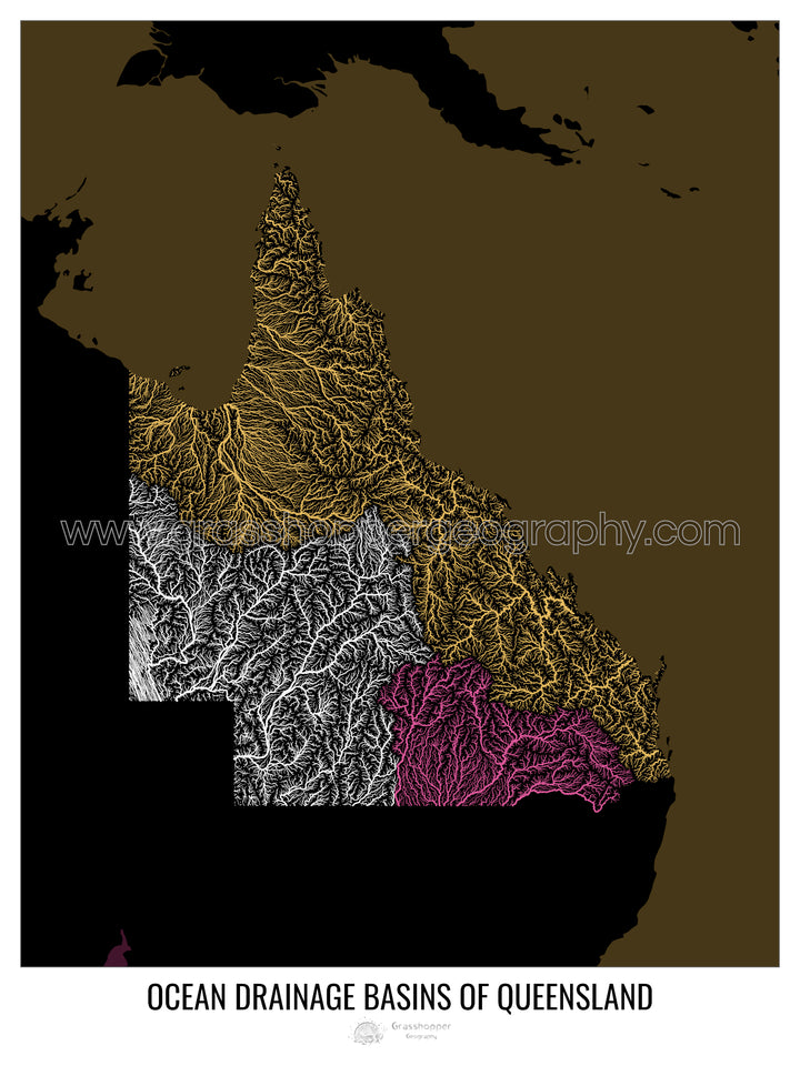 Queensland - Mapa de la cuenca hidrográfica del océano, negro v2 - Impresión de bellas artes