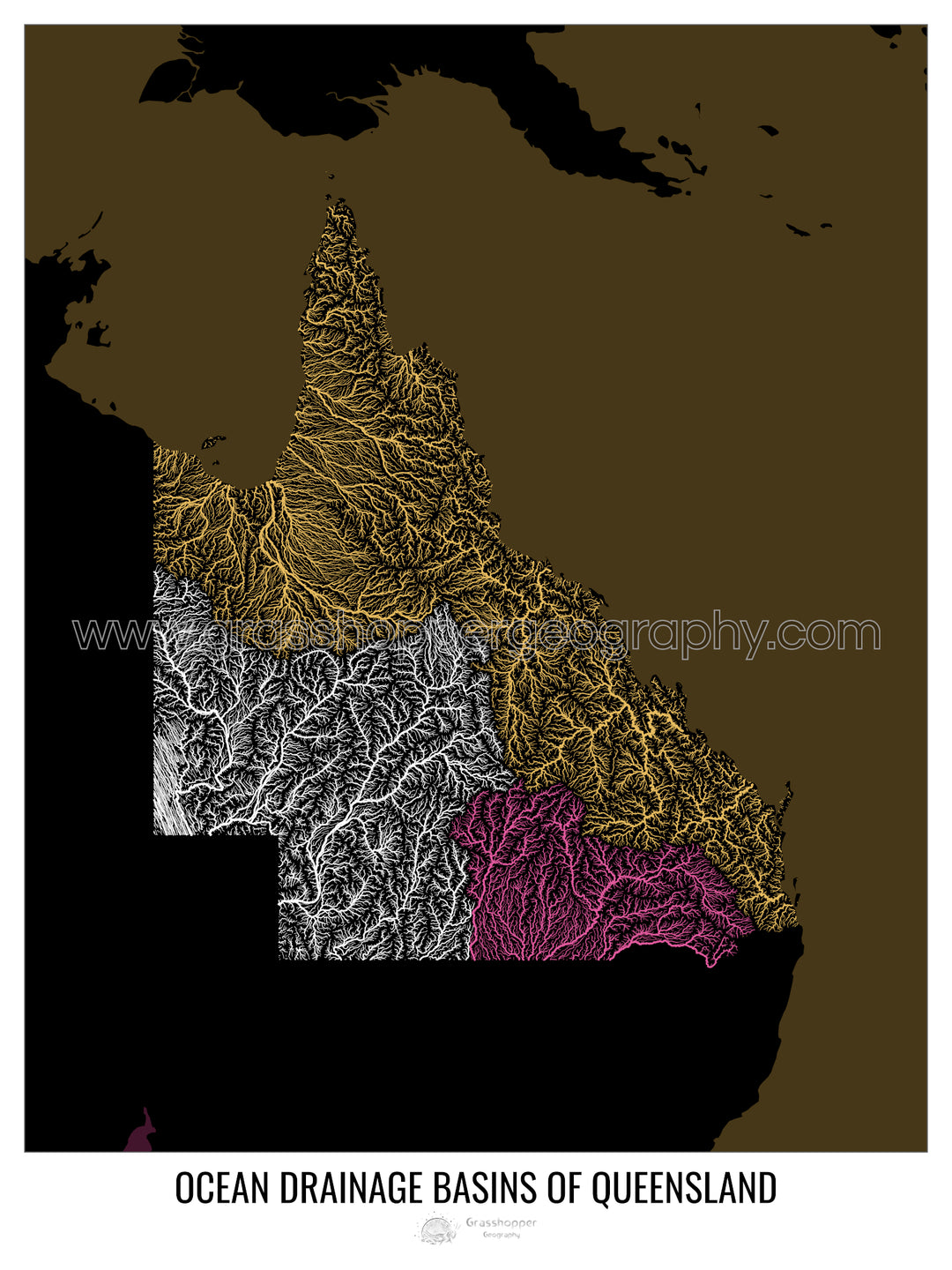 Queensland - Mapa de la cuenca hidrográfica del océano, negro v2 - Impresión fotográfica