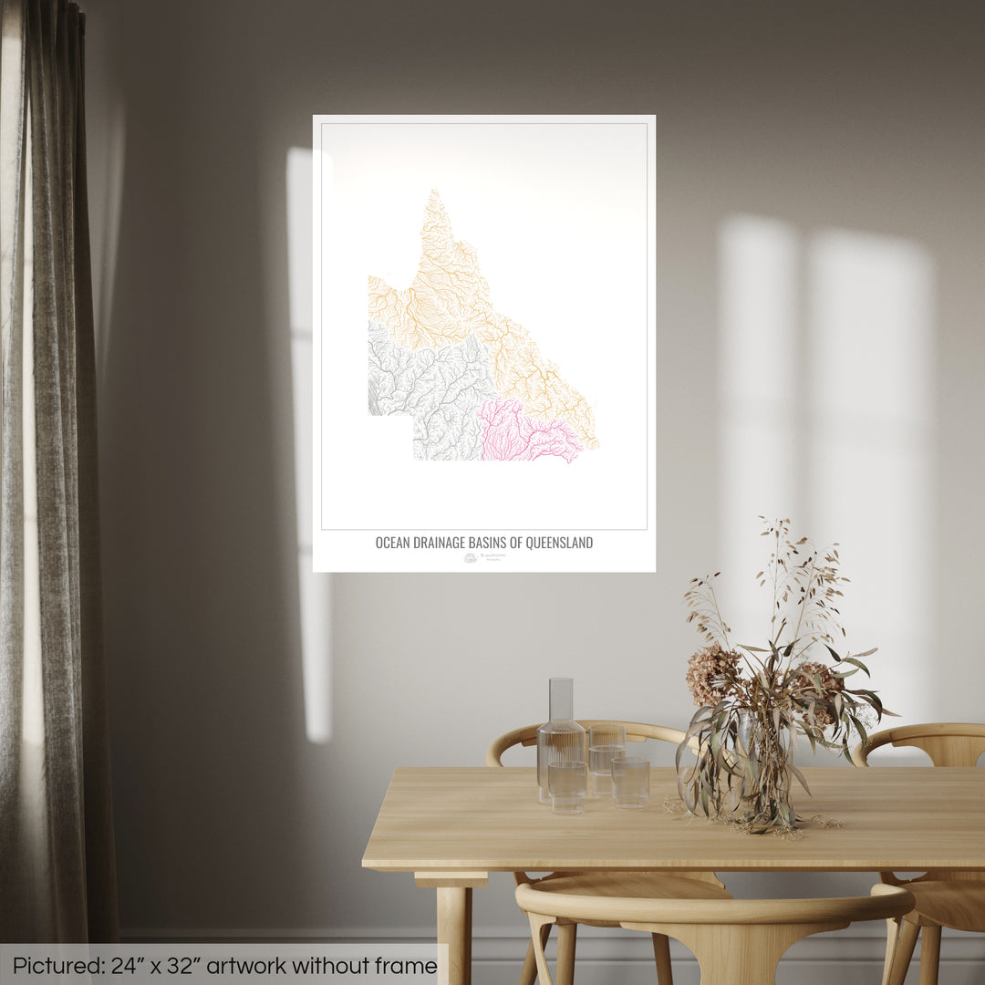 Queensland - Mapa de la cuenca de drenaje oceánico, blanco v1 - Impresión de bellas artes