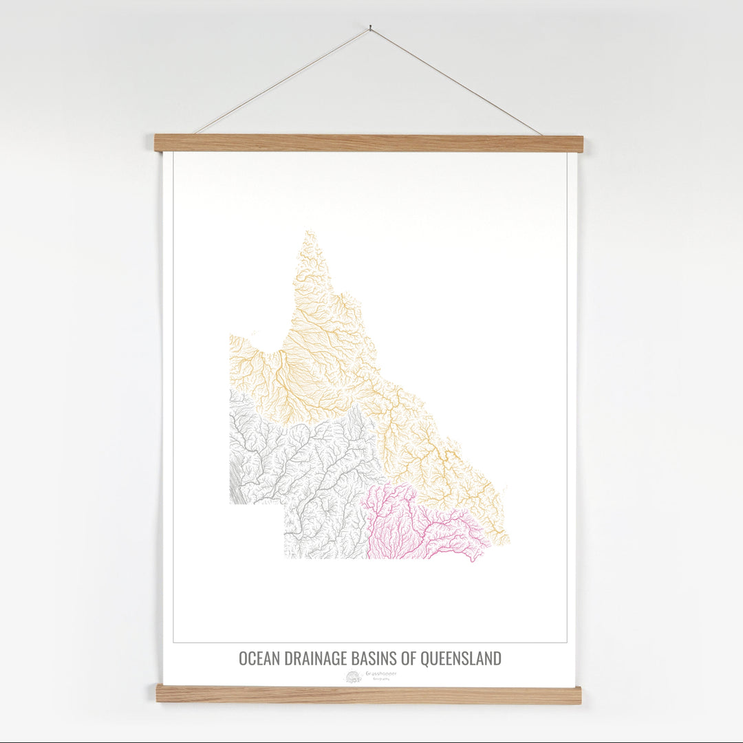 Queensland - Carte du bassin versant océanique, blanc v1 - Tirage d'art avec cintre