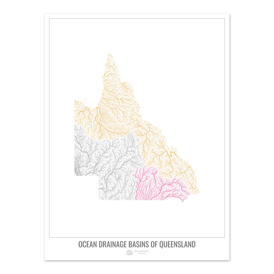 Queensland - Carte des bassins hydrographiques océaniques, blanc v1 - Fine Art Print