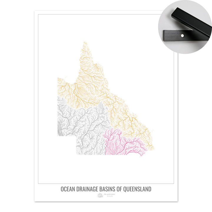 Queensland - Carte du bassin versant océanique, blanc v1 - Tirage d'art avec cintre