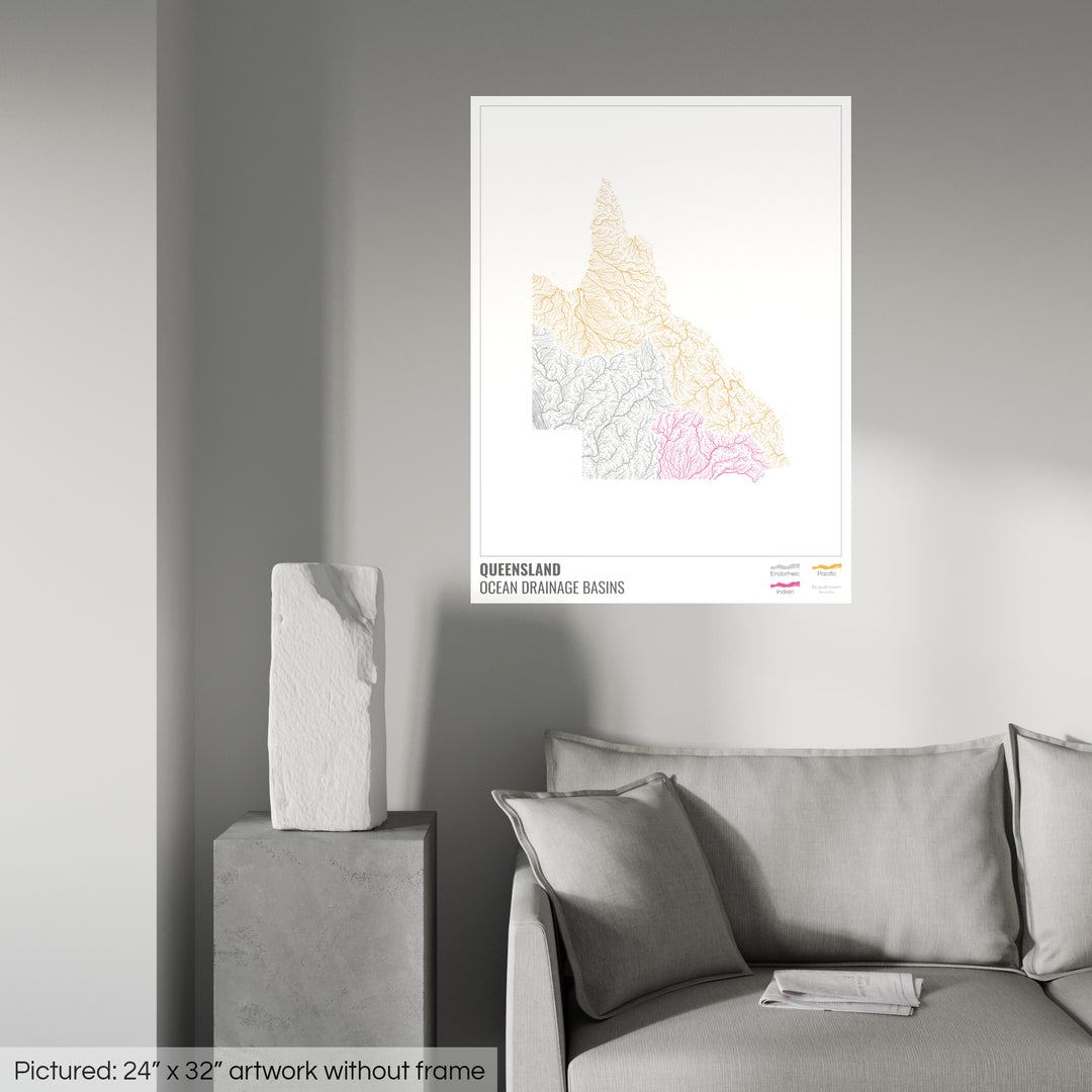 Queensland - Ocean drainage basin map, white with legend v1 - Photo Art Print