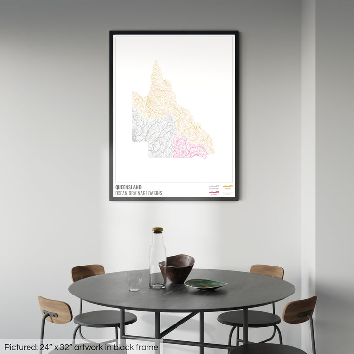 Queensland - Ocean drainage basin map, white with legend v1 - Framed Print