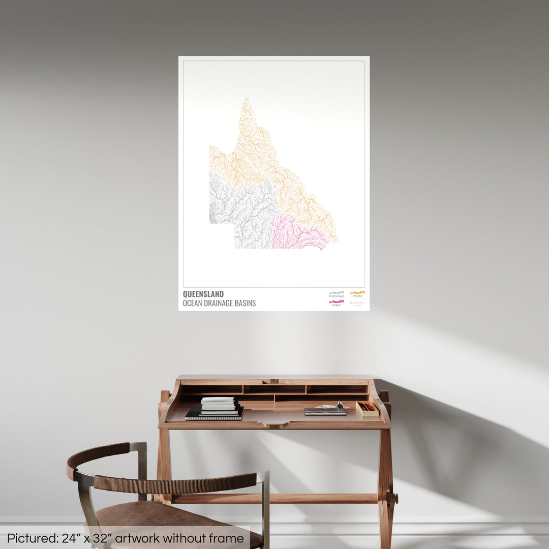 Queensland - Mapa de la cuenca hidrográfica del océano, blanco con leyenda v1 - Impresión de bellas artes