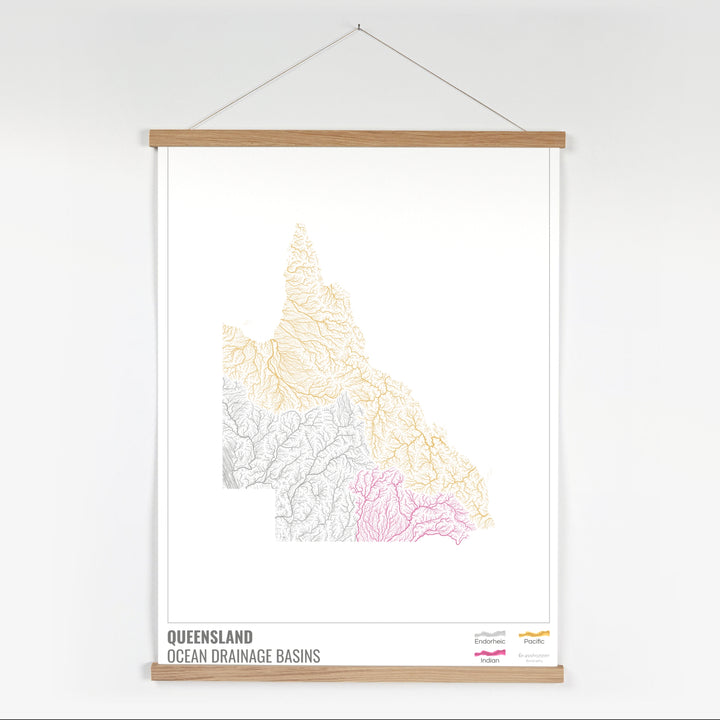 Queensland - Mapa de la cuenca hidrográfica del océano, blanco con leyenda v1 - Impresión artística con colgador