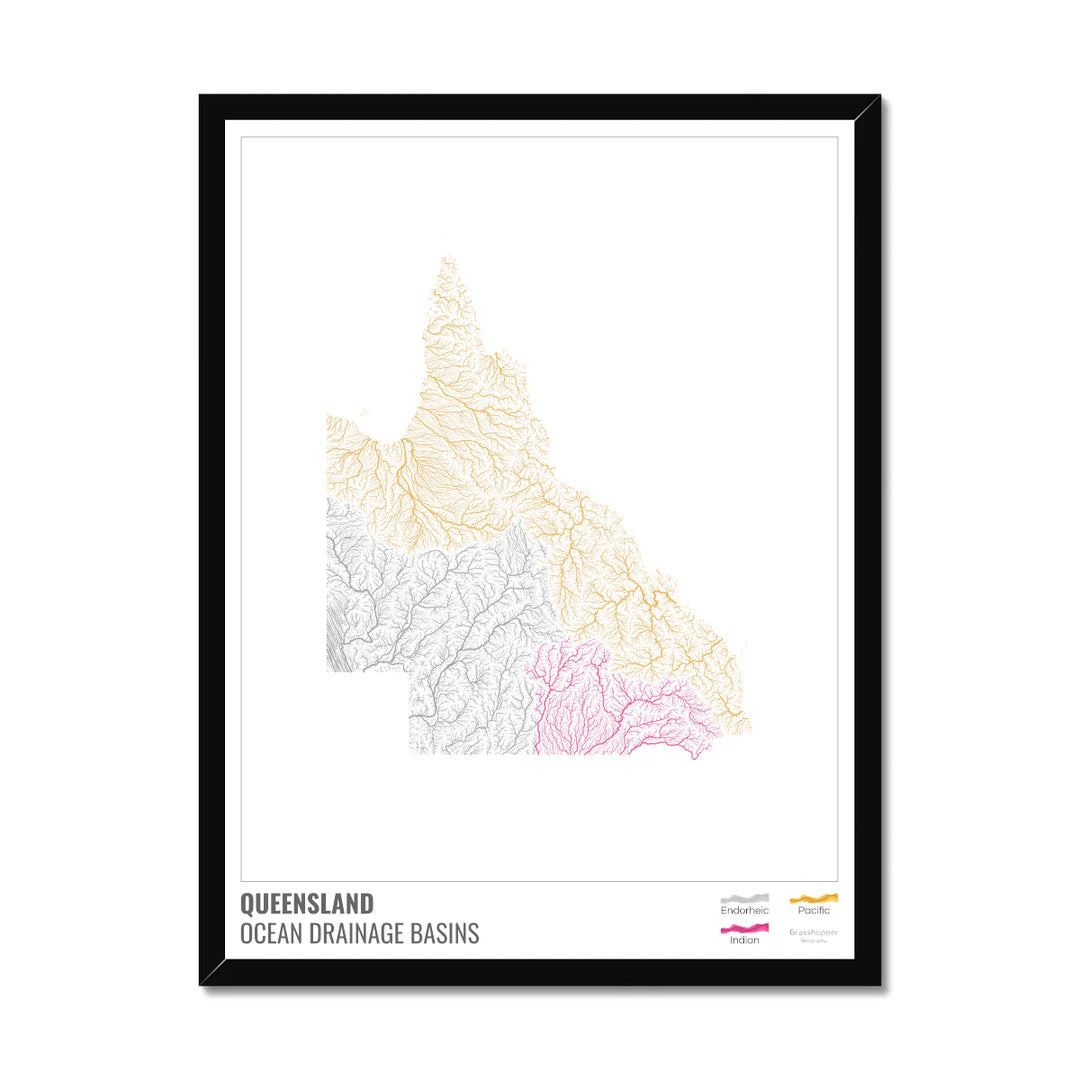 Queensland - Carte du bassin versant océanique, blanche avec légende v1 - Impression encadrée