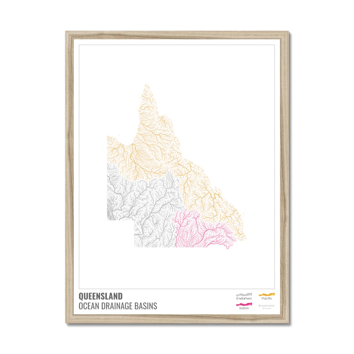 Queensland - Carte du bassin versant océanique, blanche avec légende v1 - Impression encadrée