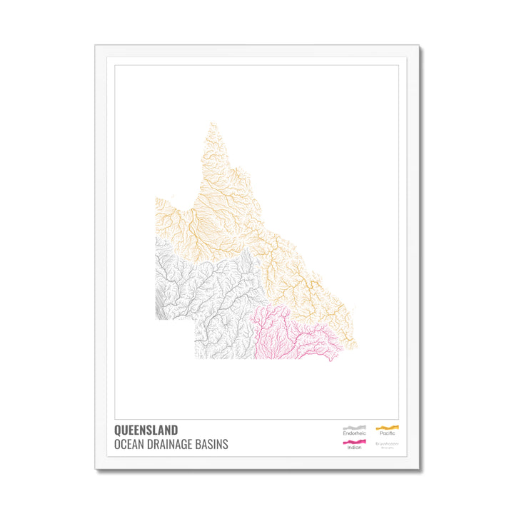 Queensland - Ocean drainage basin map, white with legend v1 - Framed Print