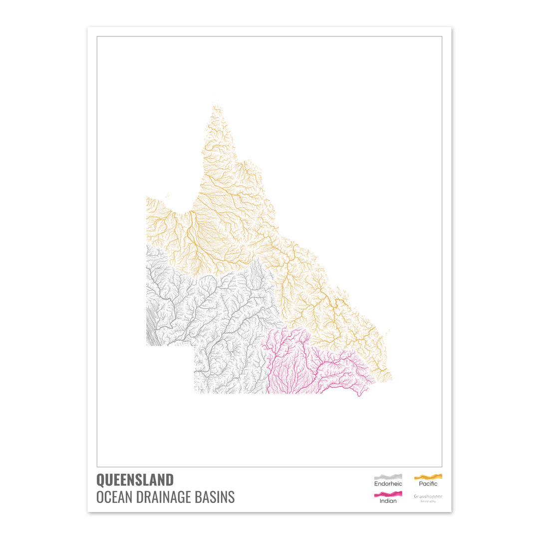 Queensland - Carte du bassin versant océanique, blanche avec légende v1 - Tirage photo artistique
