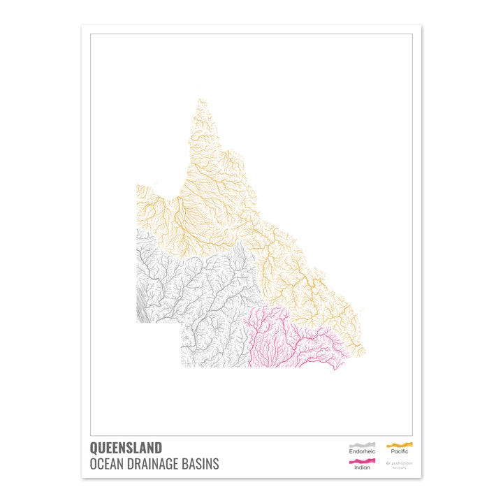 Queensland - Mapa de la cuenca hidrográfica del océano, blanco con leyenda v1 - Impresión fotográfica