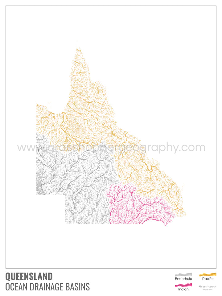 Queensland - Mapa de la cuenca hidrográfica del océano, blanco con leyenda v1 - Impresión fotográfica