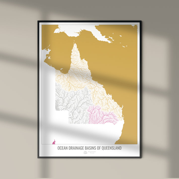 Queensland - Carte du bassin versant océanique, blanc v2 - Tirage photo artistique