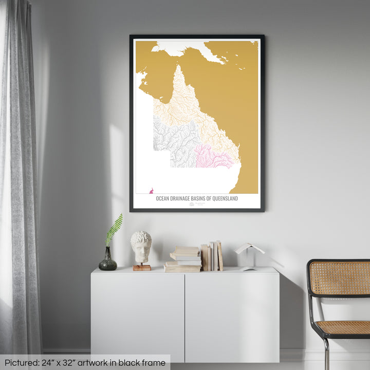 Queensland - Ocean drainage basin map, white v2 - Framed Print