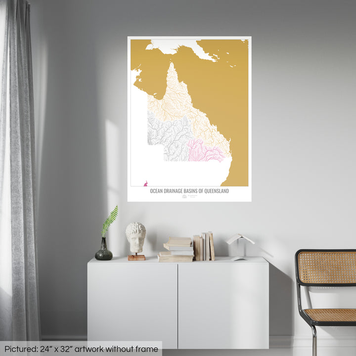 Queensland - Carte des bassins hydrographiques océaniques, blanc v2 - Fine Art Print