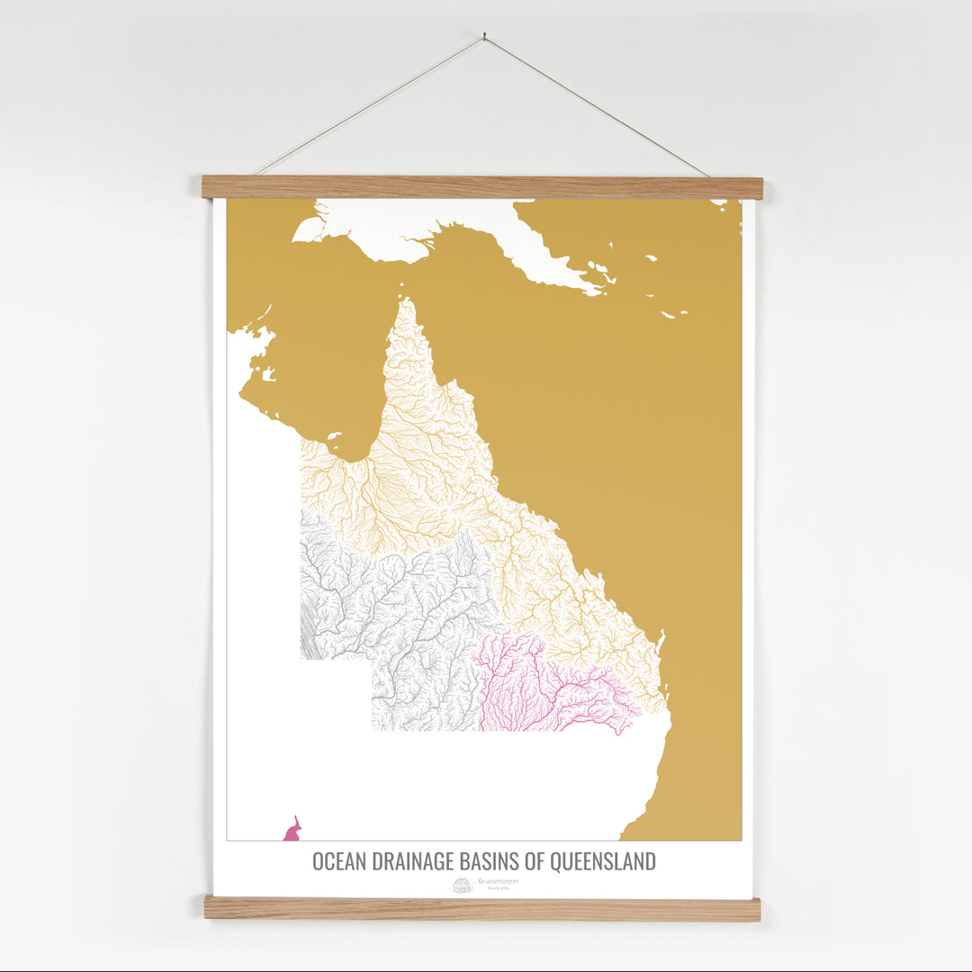 Queensland - Mapa de la cuenca hidrográfica del océano, blanco v2 - Impresión artística con colgador