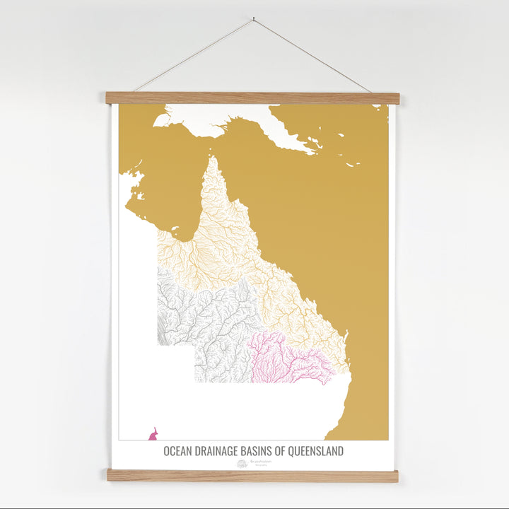 Queensland - Mapa de la cuenca hidrográfica del océano, blanco v2 - Impresión artística con colgador