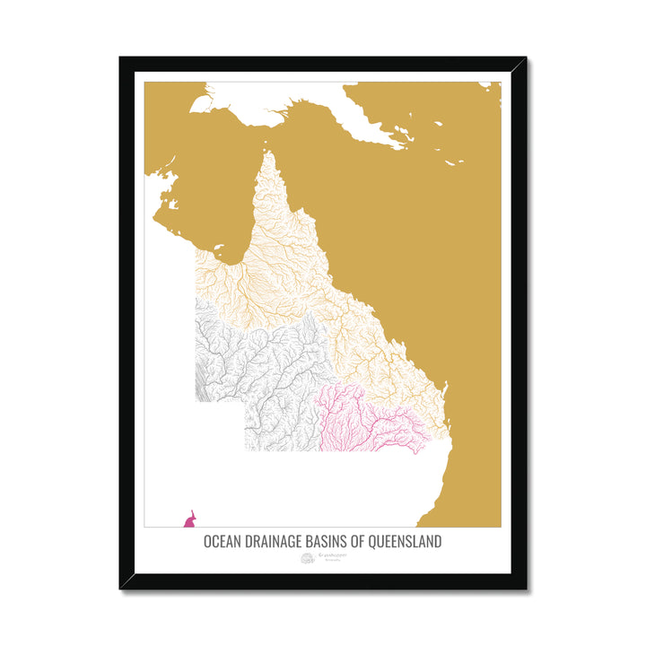 Queensland - Carte du bassin versant océanique, blanc v2 - Impression encadrée