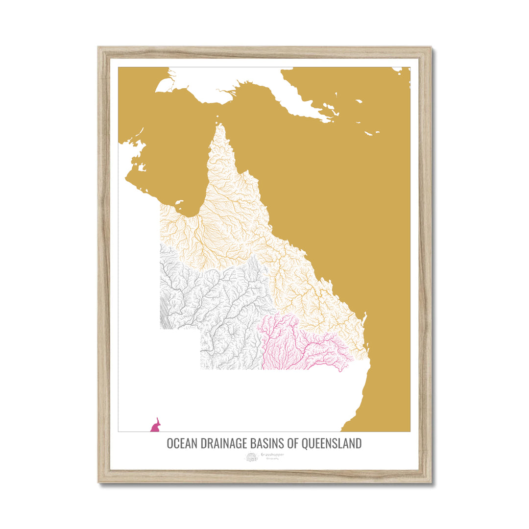 Queensland - Ocean drainage basin map, white v2 - Framed Print