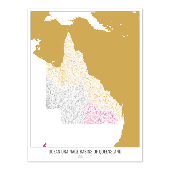 Queensland - Mapa de la cuenca hidrográfica del océano, blanco v2 - Impresión de bellas artes