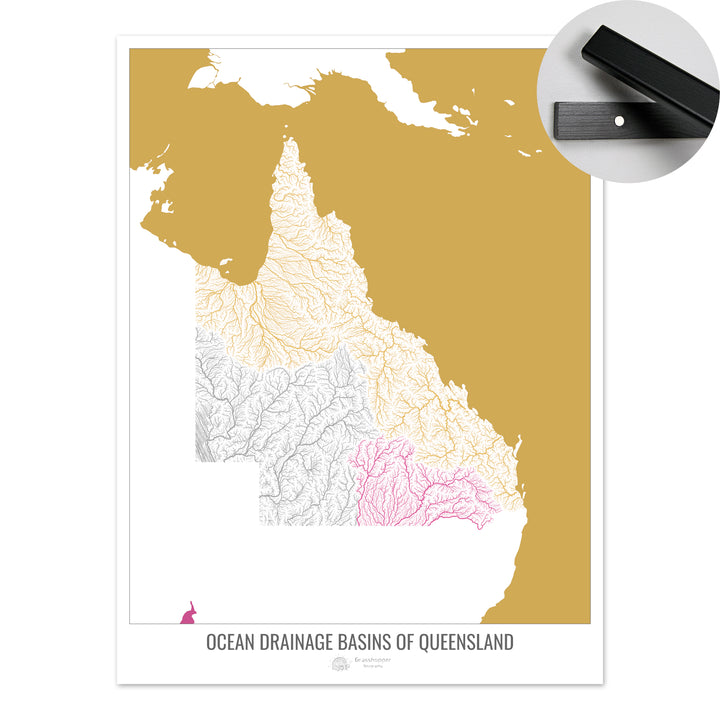 Queensland - Mapa de la cuenca hidrográfica del océano, blanco v2 - Impresión artística con colgador