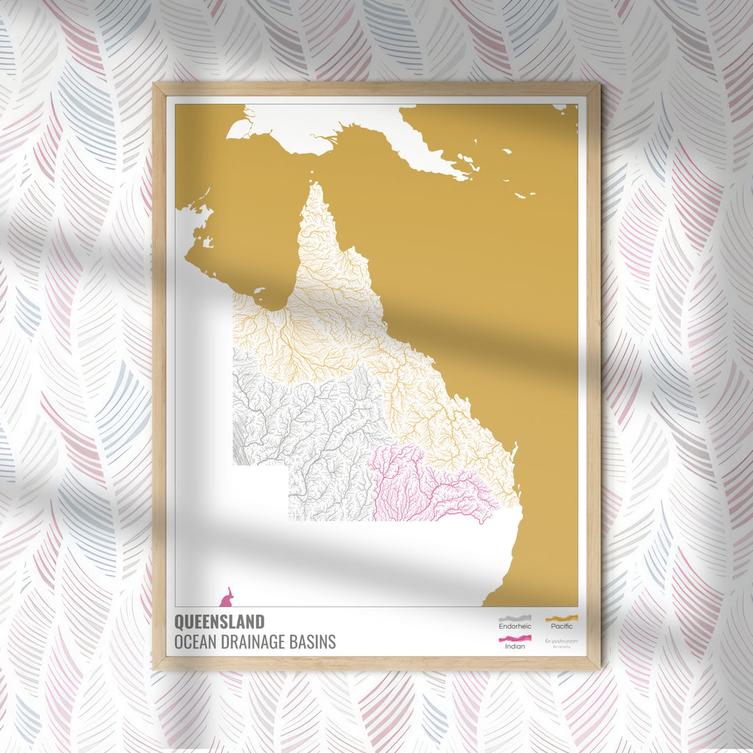 Queensland - Ocean drainage basin map, white with legend v2 - Fine Art Print