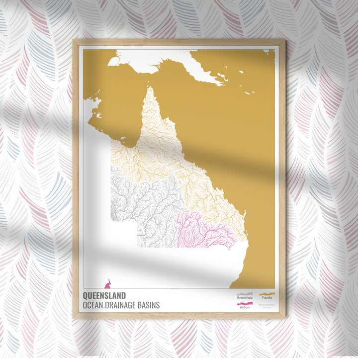 Queensland - Mapa de la cuenca hidrográfica del océano, blanco con leyenda v2 - Impresión de bellas artes