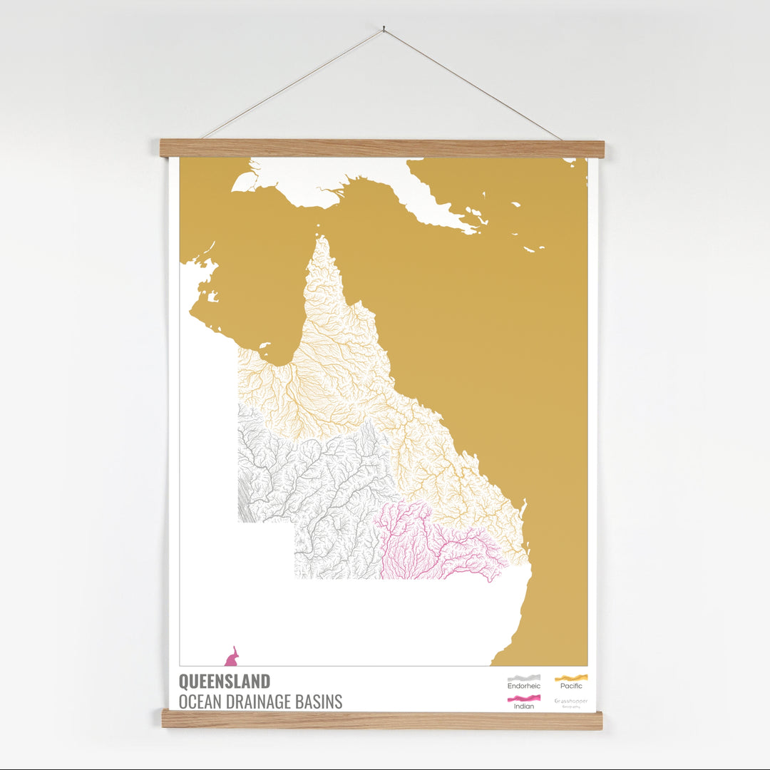 Queensland - Mapa de la cuenca hidrográfica del océano, blanco con leyenda v2 - Impresión artística con colgador