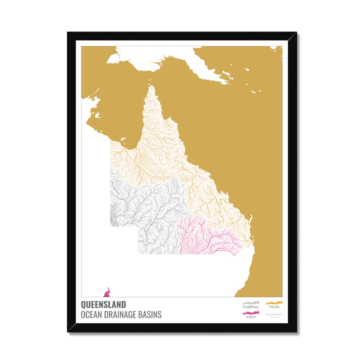 Queensland - Ocean drainage basin map, white with legend v2 - Framed Print