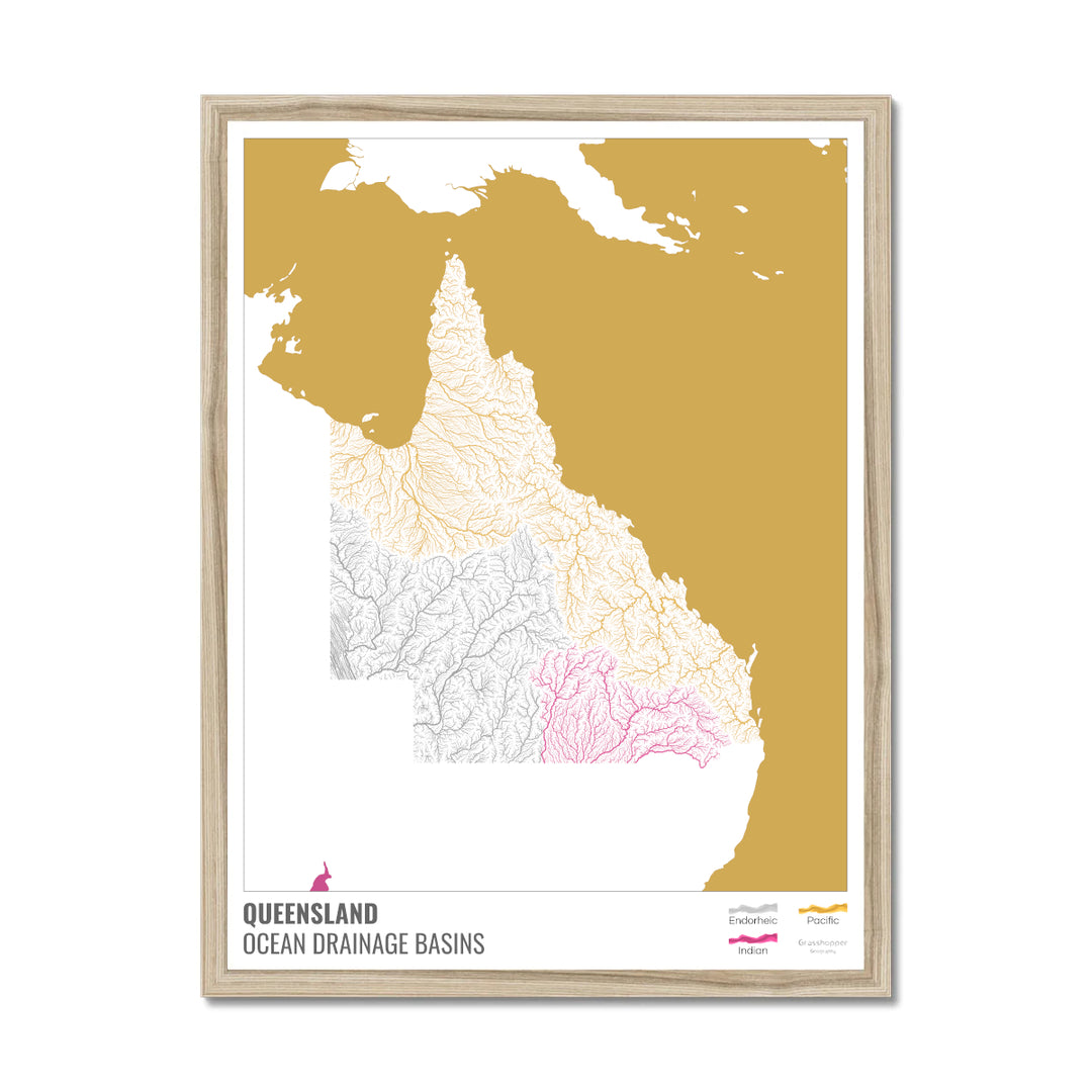 Queensland - Ocean drainage basin map, white with legend v2 - Framed Print