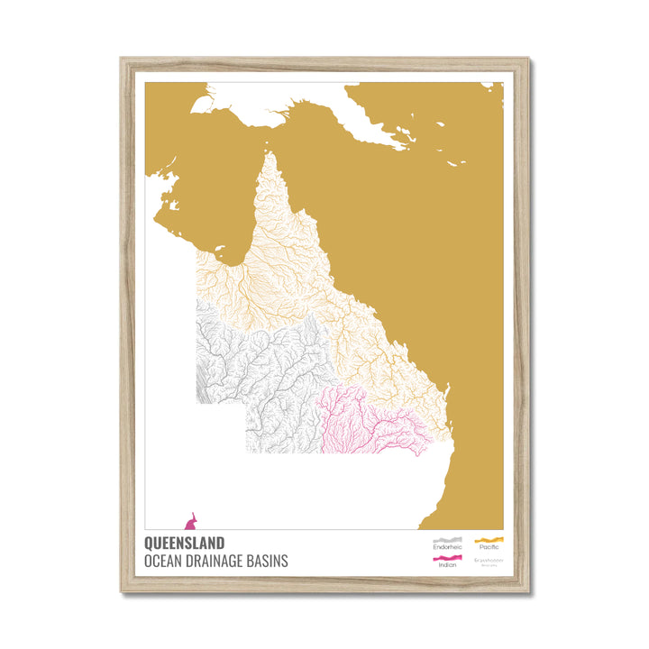 Queensland - Mapa de la cuenca hidrográfica del océano, blanco con leyenda v2 - Lámina enmarcada