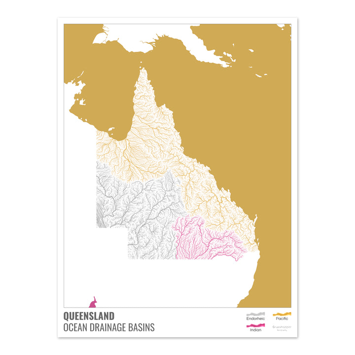 Queensland - Mapa de la cuenca hidrográfica del océano, blanco con leyenda v2 - Impresión fotográfica