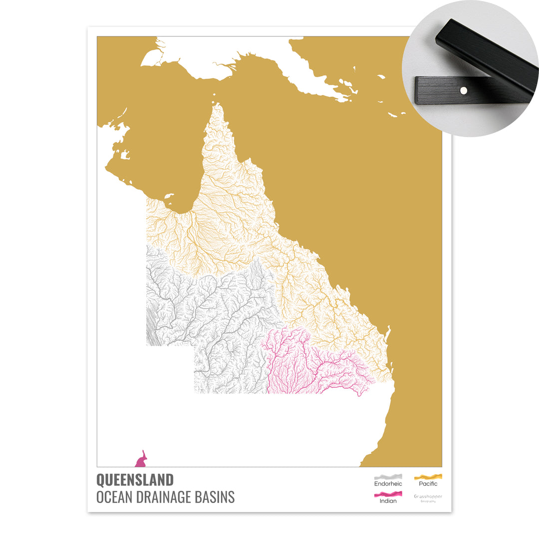 Queensland - Carte du bassin versant océanique, blanche avec légende v2 - Tirage d'art avec cintre