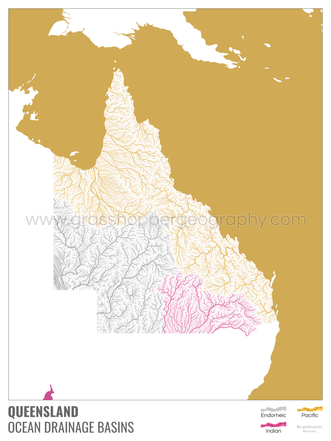 Queensland - Mapa de la cuenca hidrográfica del océano, blanco con leyenda v2 - Impresión fotográfica
