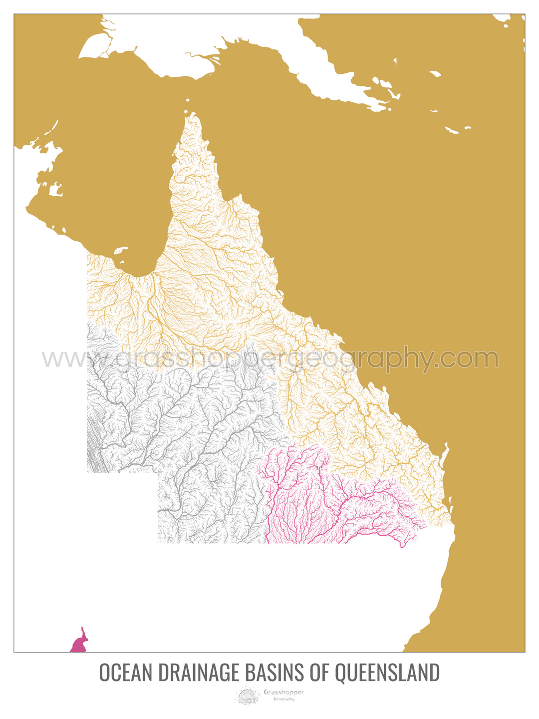 Queensland - Mapa de la cuenca hidrográfica del océano, blanco v2 - Impresión de bellas artes