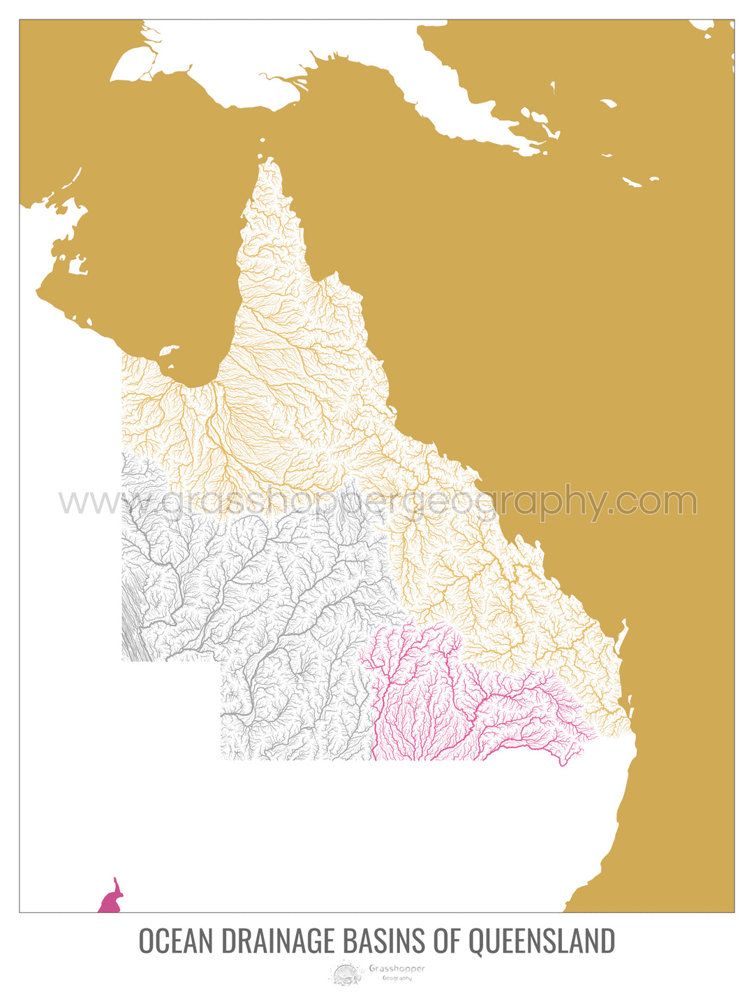 Queensland - Carte des bassins hydrographiques océaniques, blanc v2 - Fine Art Print