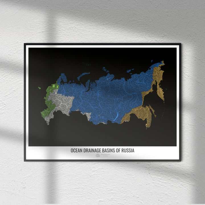 Russia - Ocean drainage basin map, black v1 - Photo Art Print