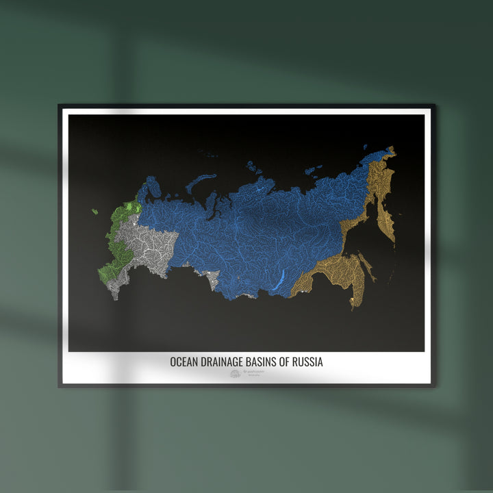 Russie - Carte des bassins versants océaniques, noir v1 - Fine Art Print