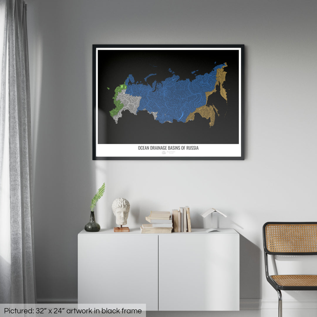 Rússia - Mapa da bacia de drenagem oceânica, preto v1 - Impressão emoldurada